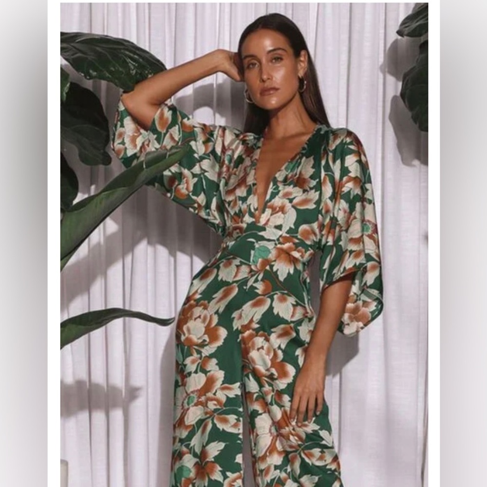 Lulus Sunrise Teal Green Floral Wide Leg Bell Sleeve Jumpsuit Peach Blooms